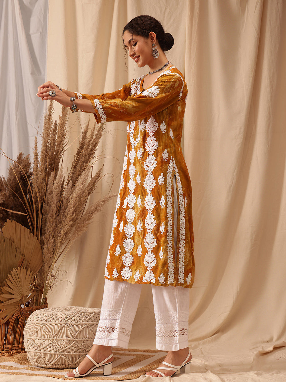 Mustard-&-White-Modal-Embroidered-Chikankari-Kurta