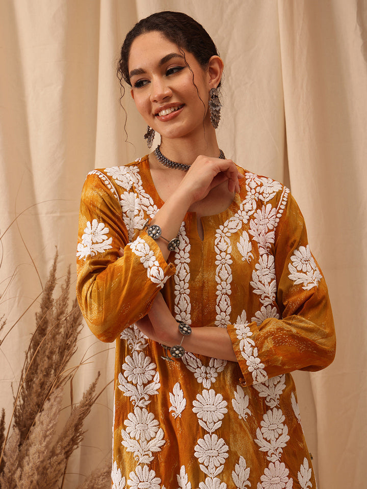 Mustard-&-White-Modal-Embroidered-Chikankari-Kurta