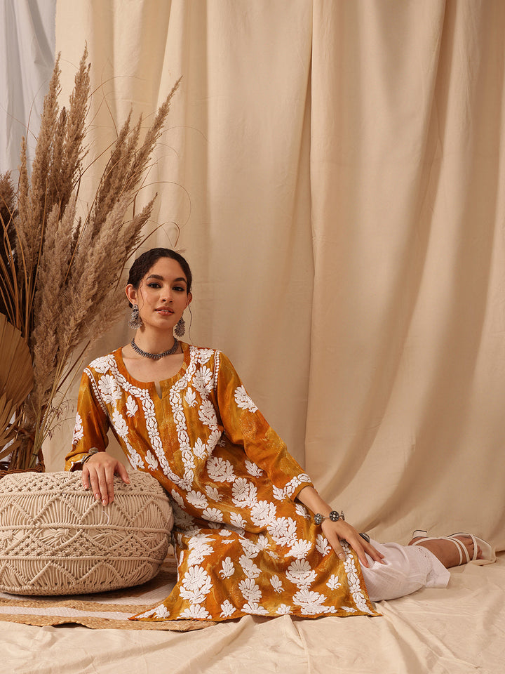 Mustard-&-White-Modal-Embroidered-Chikankari-Kurta