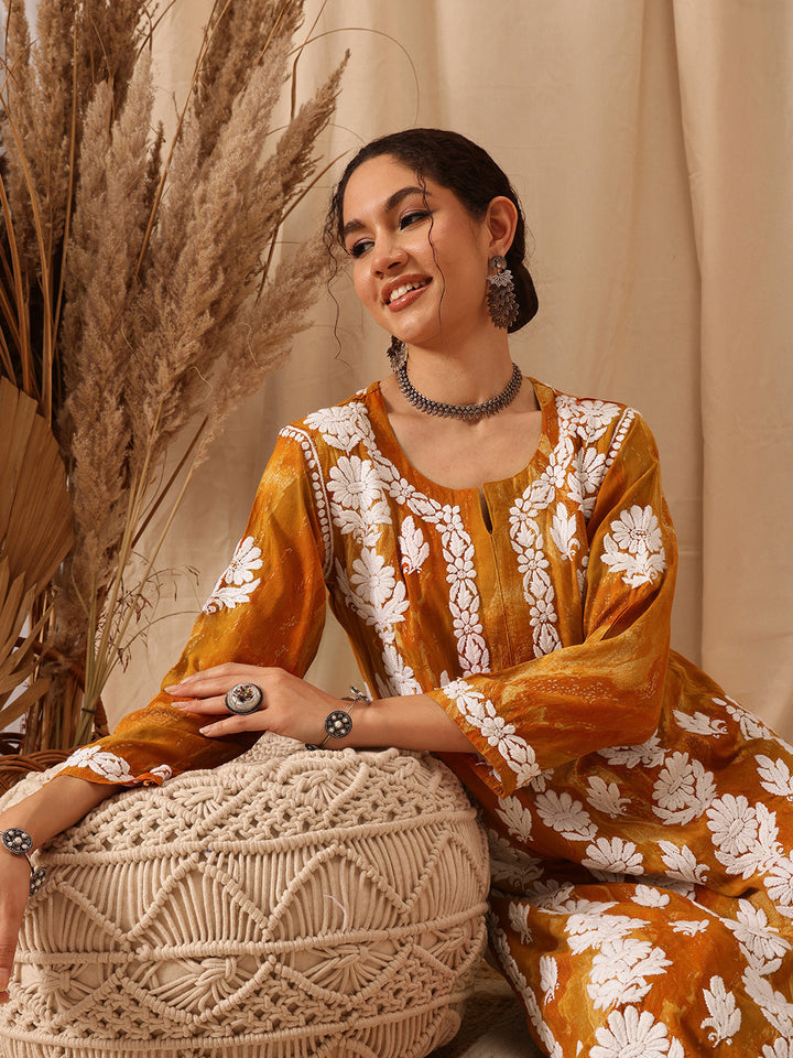 Mustard-&-White-Modal-Embroidered-Chikankari-Kurta