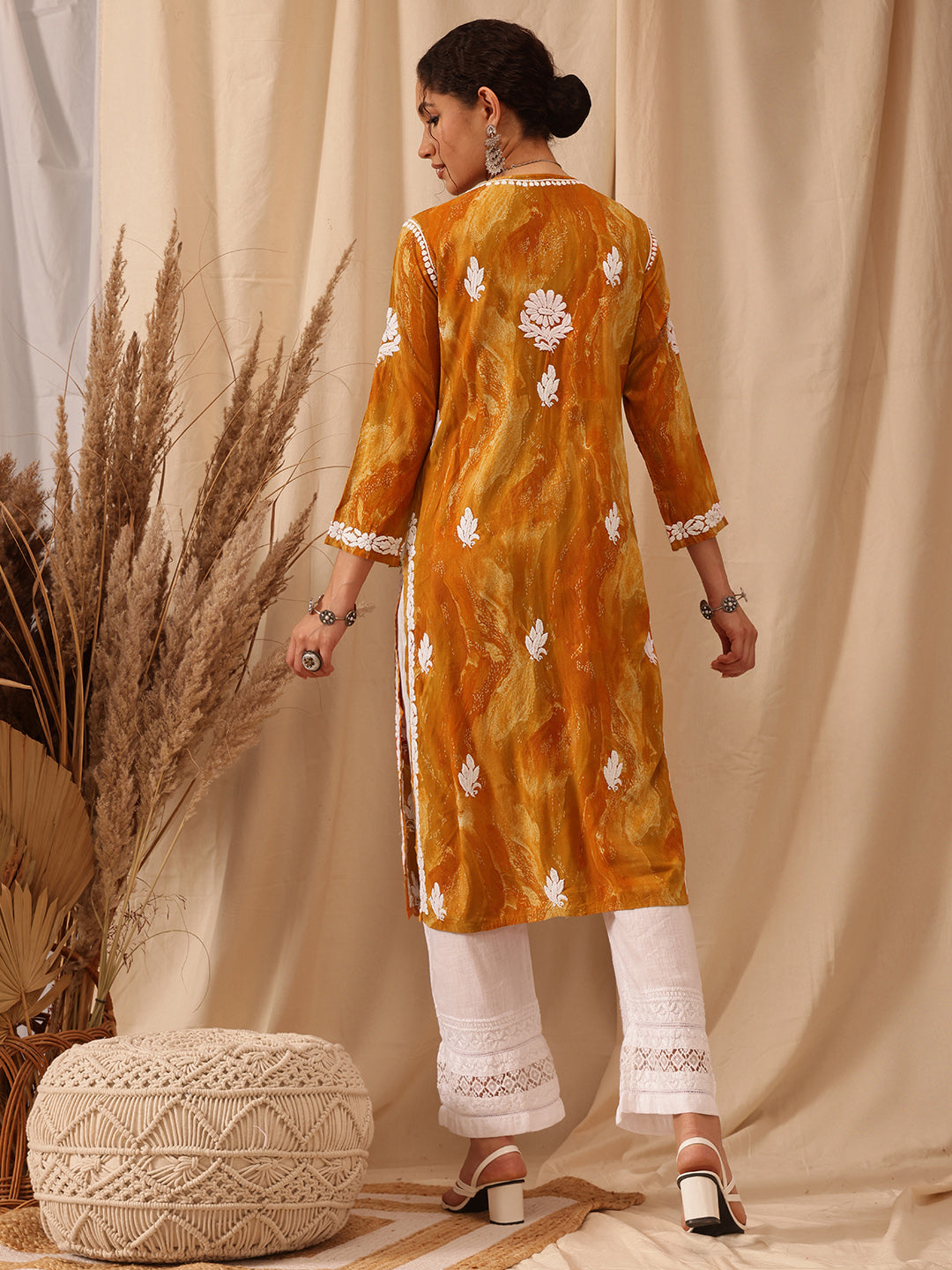 Mustard-&-White-Modal-Embroidered-Chikankari-Kurta