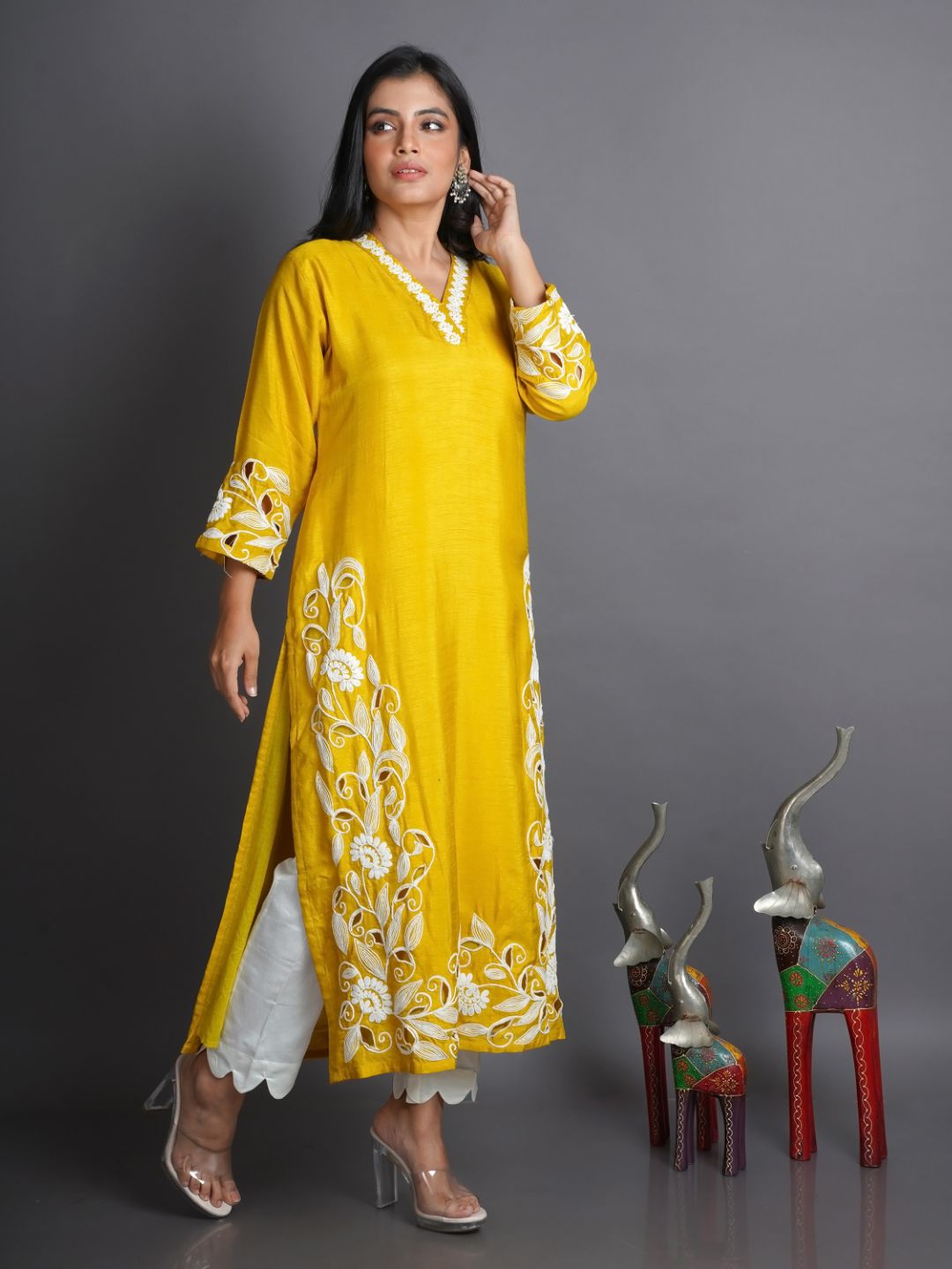 Mustard-&-White-Muslin-Kurta-&-Scallop-Pants