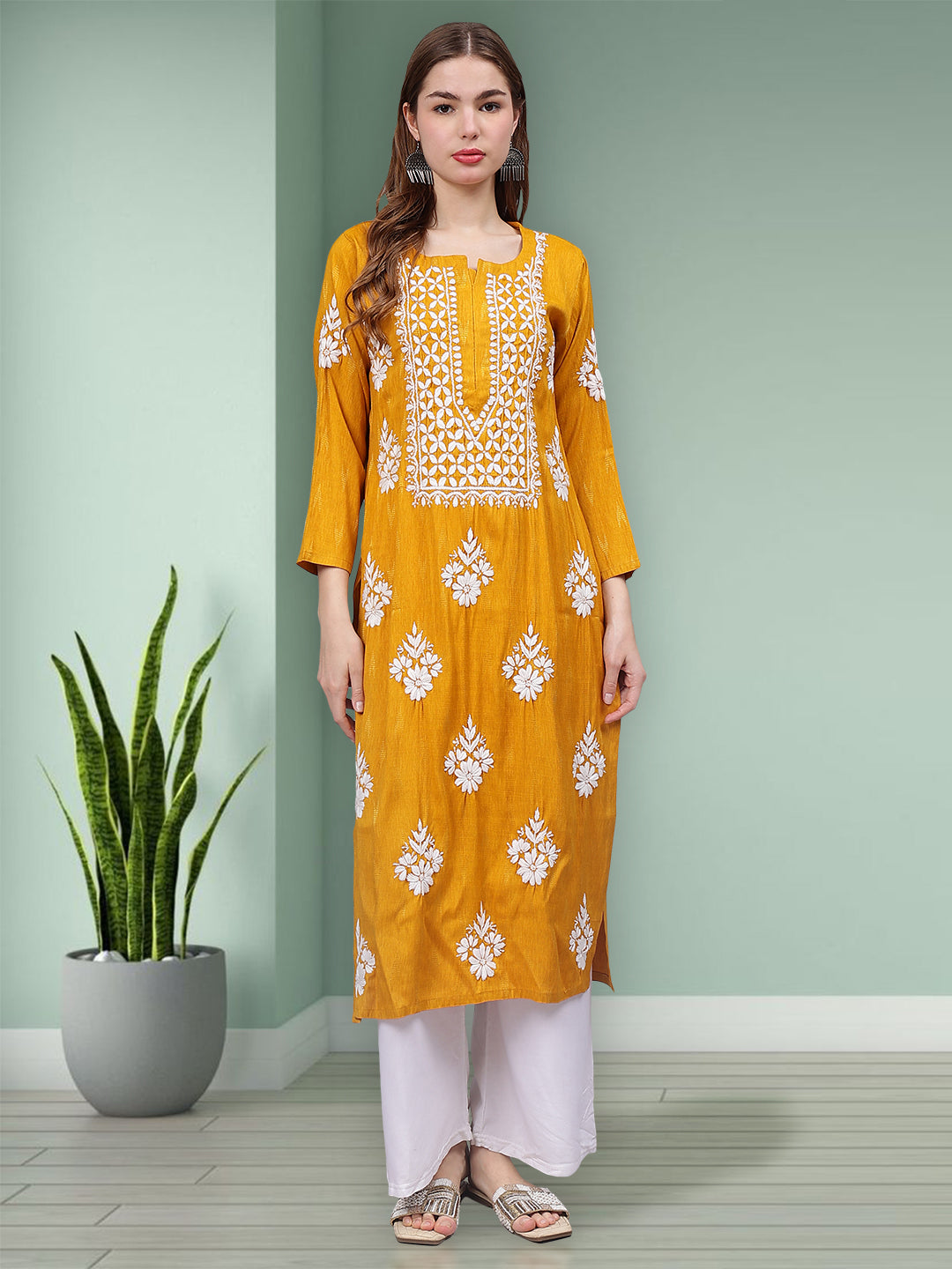 Mustard-&-White-Rayon-Embroidered-Chikankari-Kurti