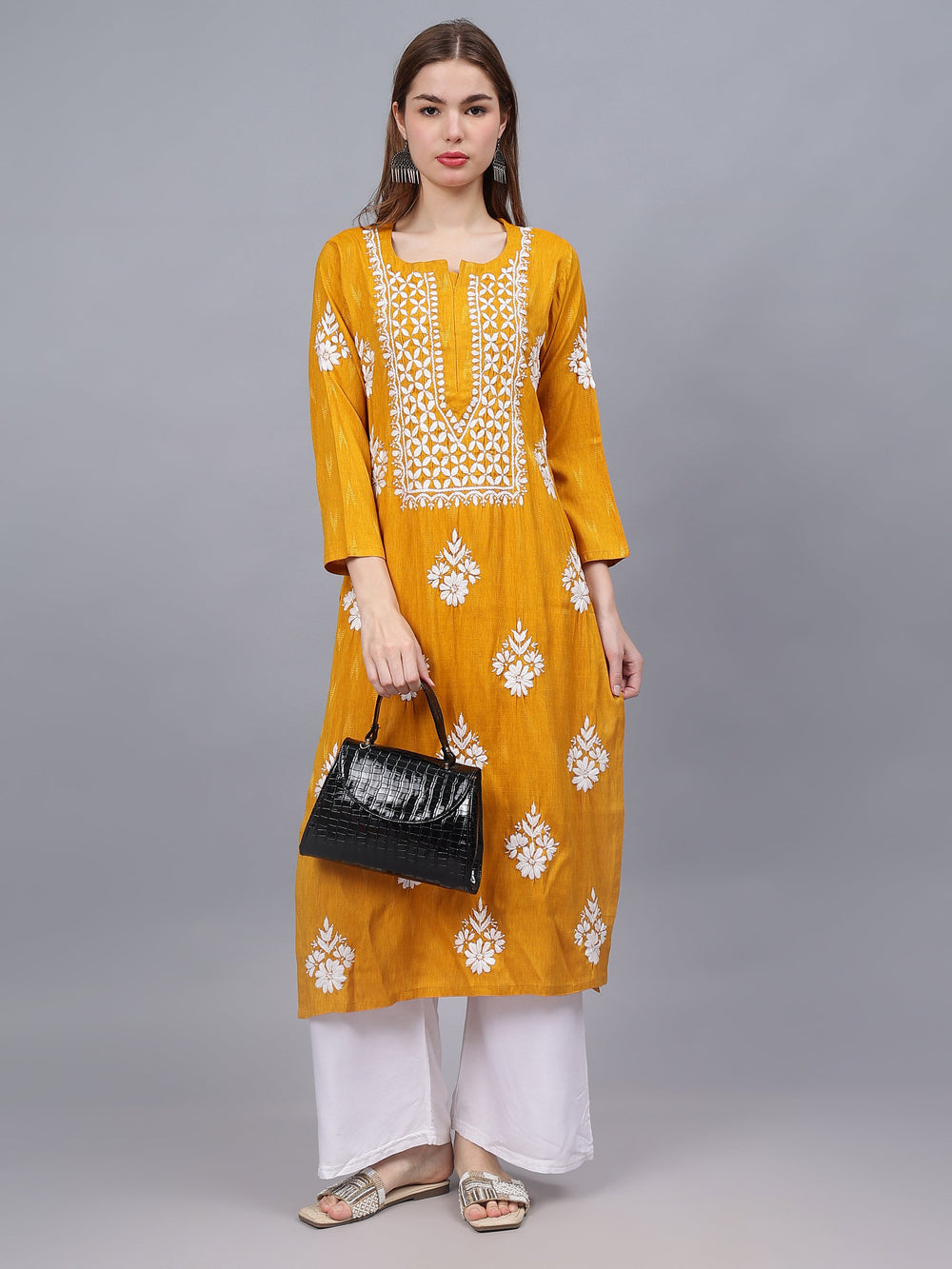 Mustard-&-White-Rayon-Embroidered-Chikankari-Kurti