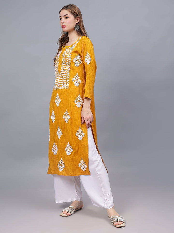 Mustard-&-White-Rayon-Embroidered-Chikankari-Kurti