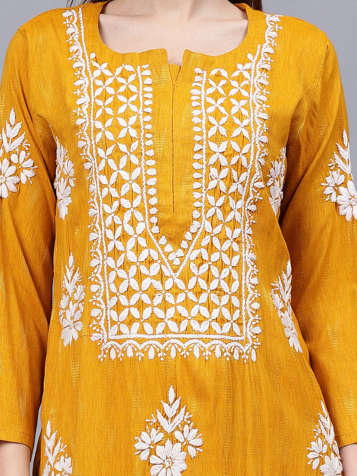 Mustard-&-White-Rayon-Embroidered-Chikankari-Kurti