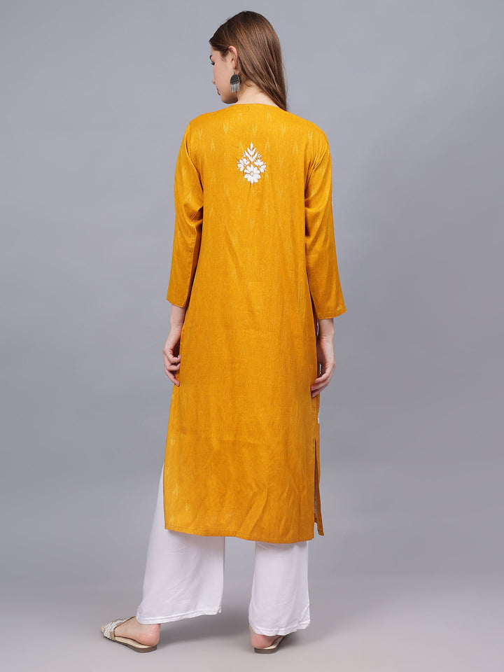 Mustard-&-White-Rayon-Embroidered-Chikankari-Kurti