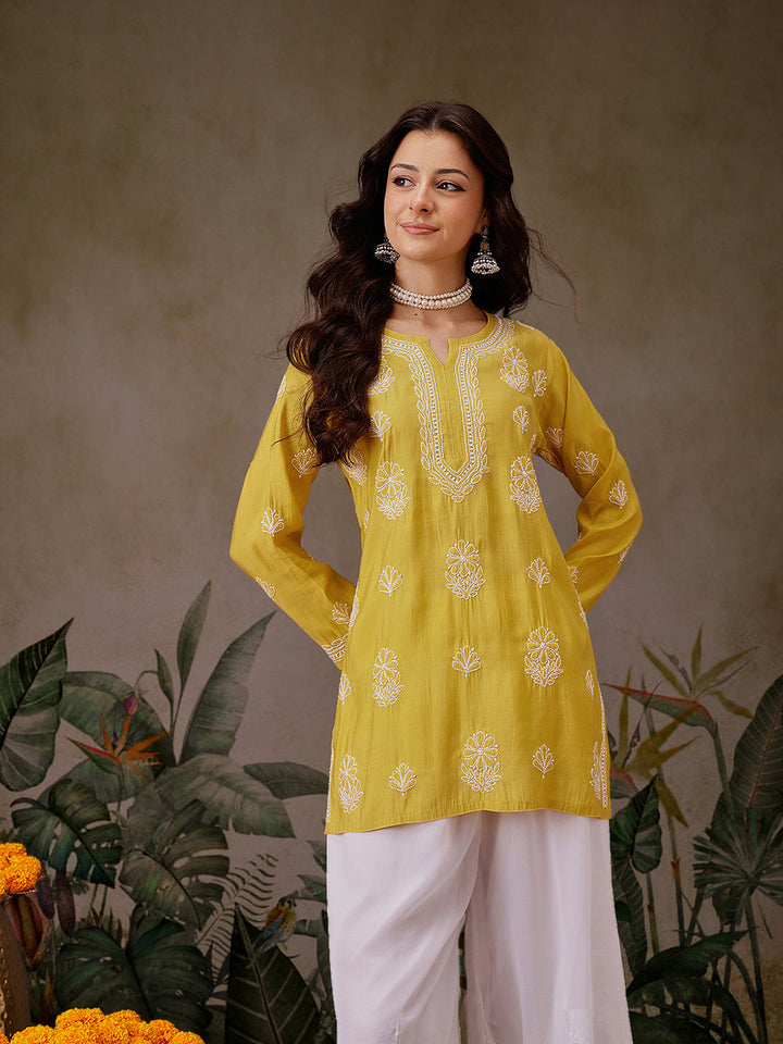 Mustard-Chanderi-Lucknowi-Chikankari-Short-Kurta-ONLY