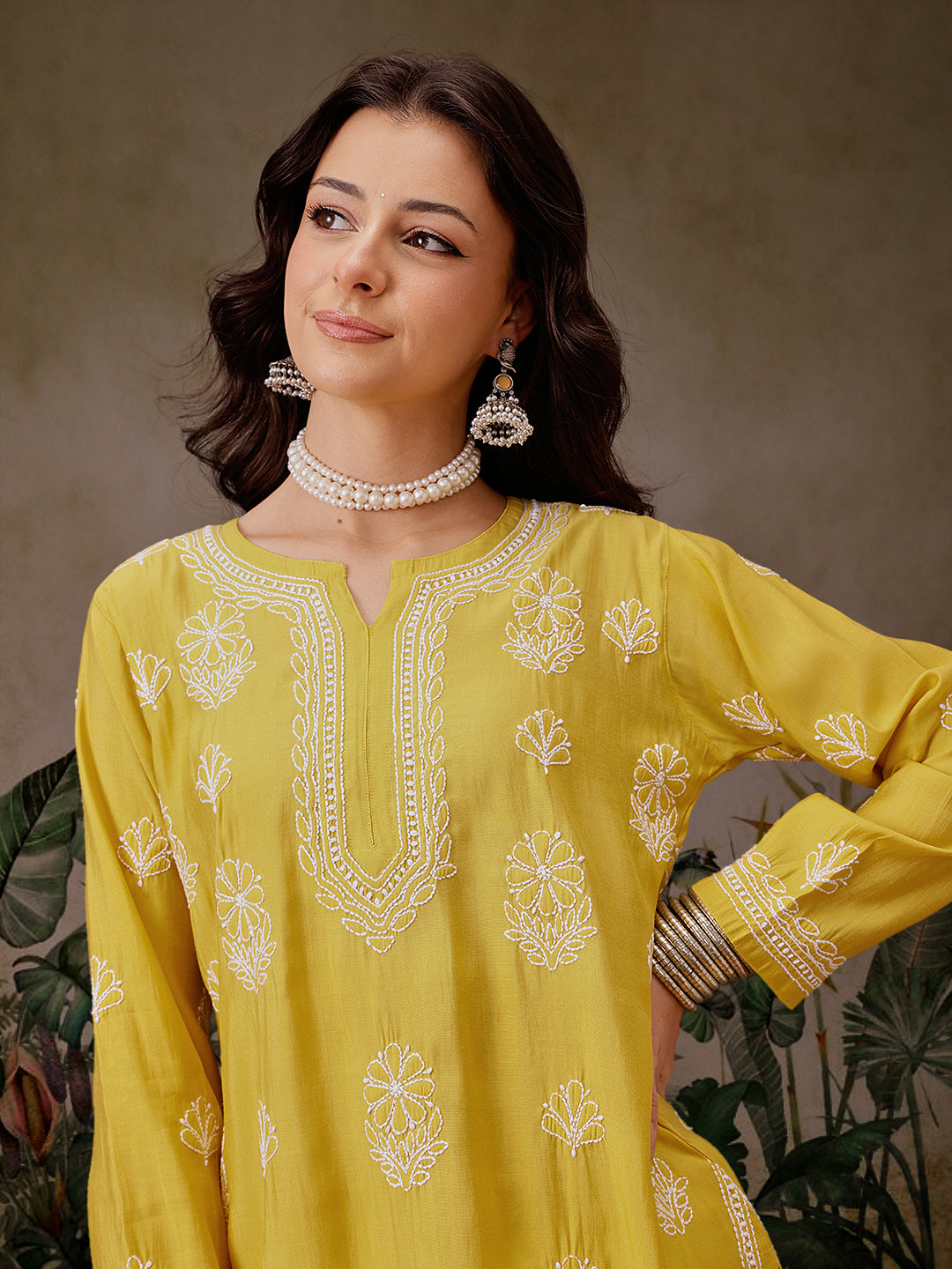 Mustard-Chanderi-Lucknowi-Chikankari-Short-Kurta-ONLY