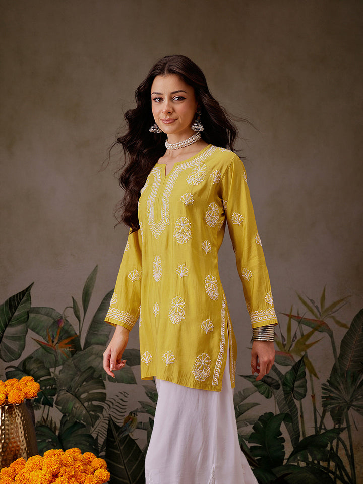 Mustard-Chanderi-Lucknowi-Chikankari-Short-Kurta-ONLY