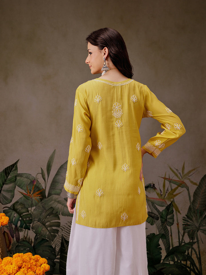 Mustard-Chanderi-Lucknowi-Chikankari-Short-Kurta-ONLY
