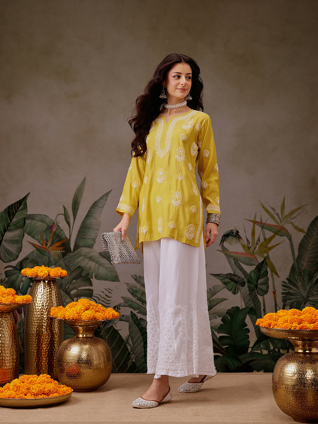 Mustard-Chanderi-Lucknowi-Chikankari-Short-Kurta-ONLY