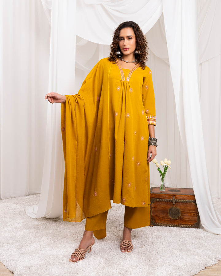 Mustard Cotton Blend A-Line 3-Piece Kurta Set