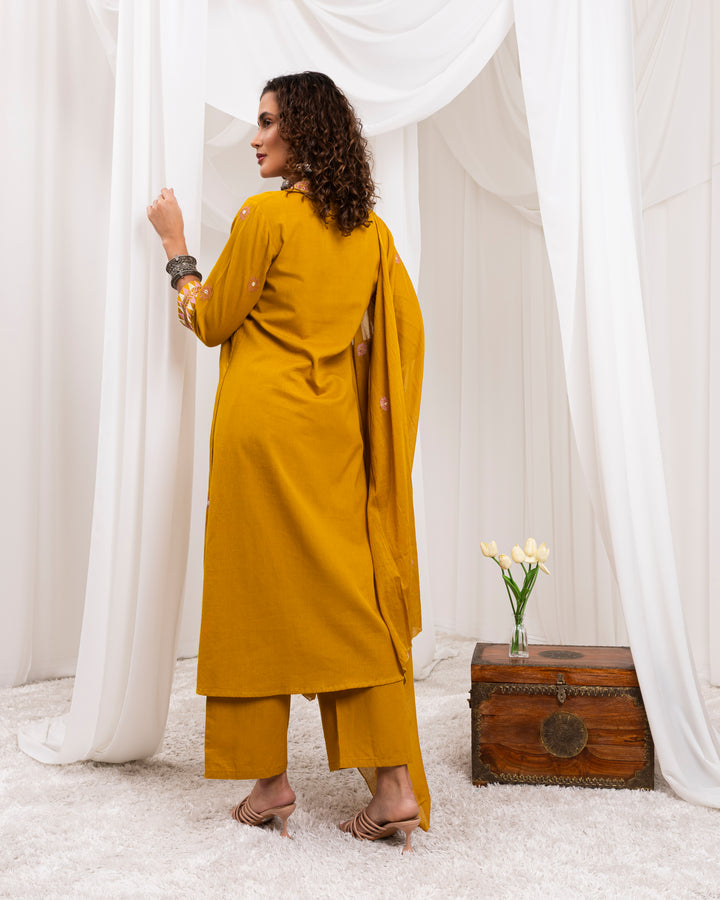Mustard Cotton Blend A-Line 3-Piece Kurta Set