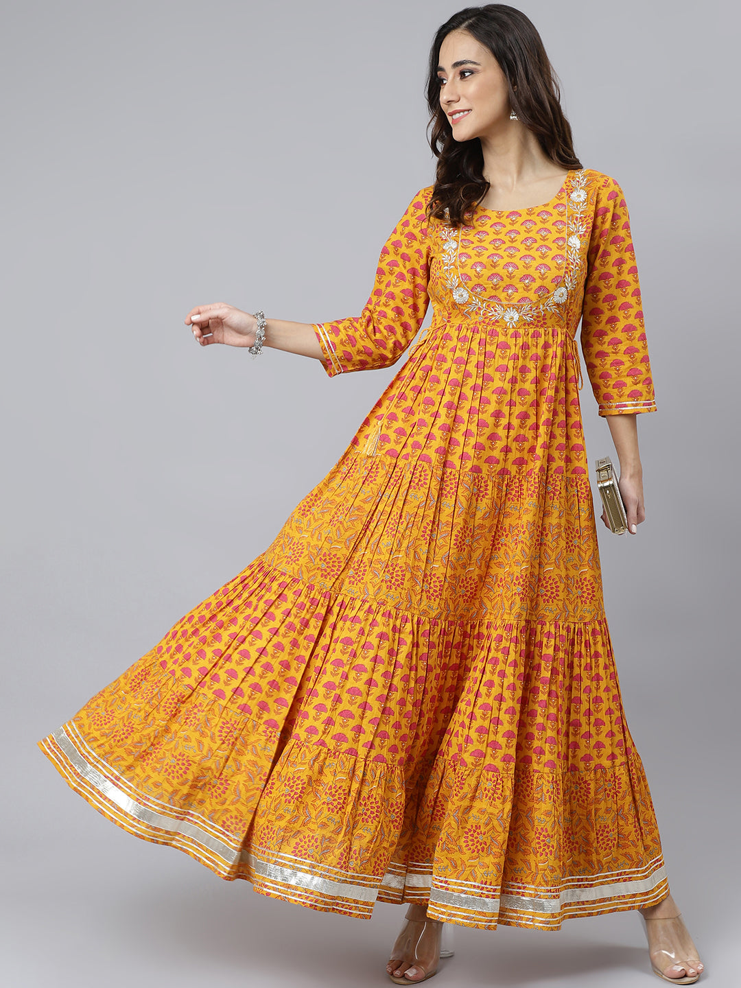 Mustard Cotton Floral Print Flared Kurta