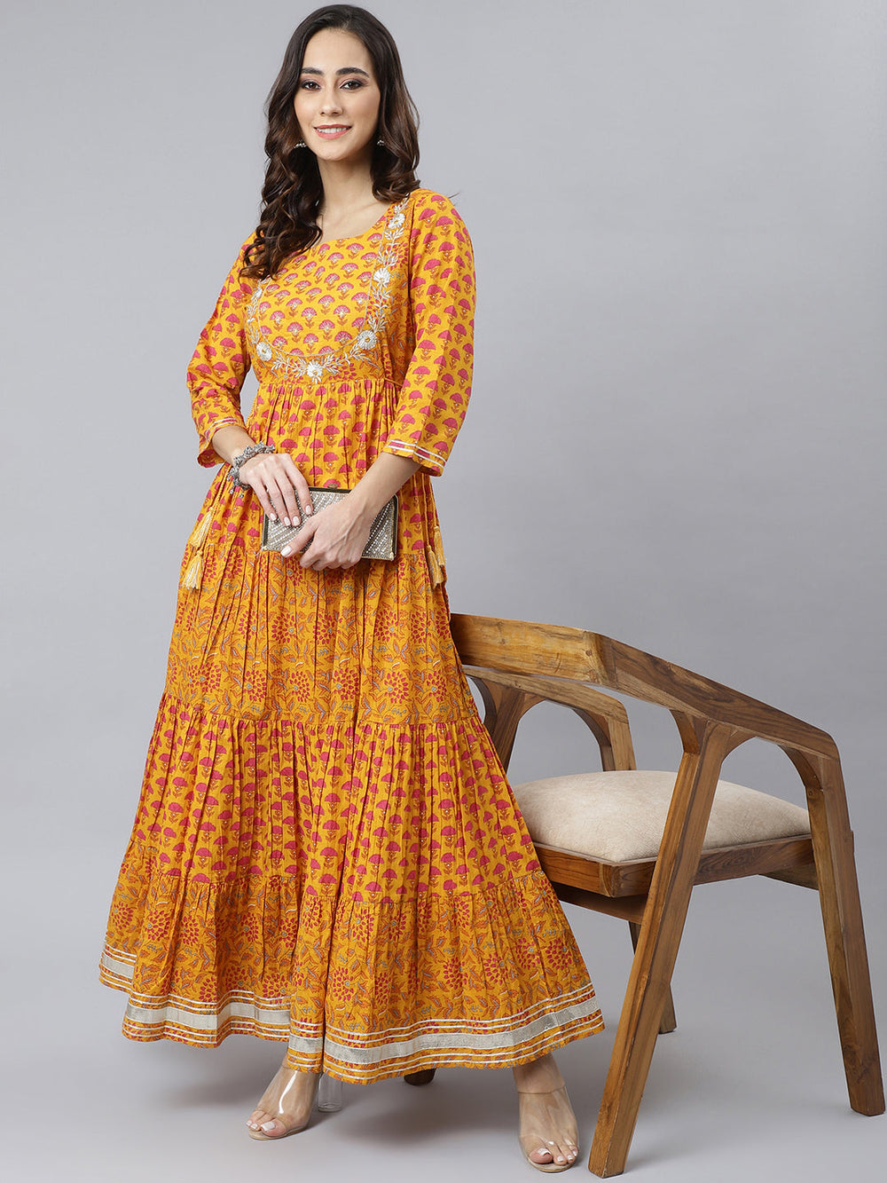 Mustard Cotton Floral Print Flared Kurta