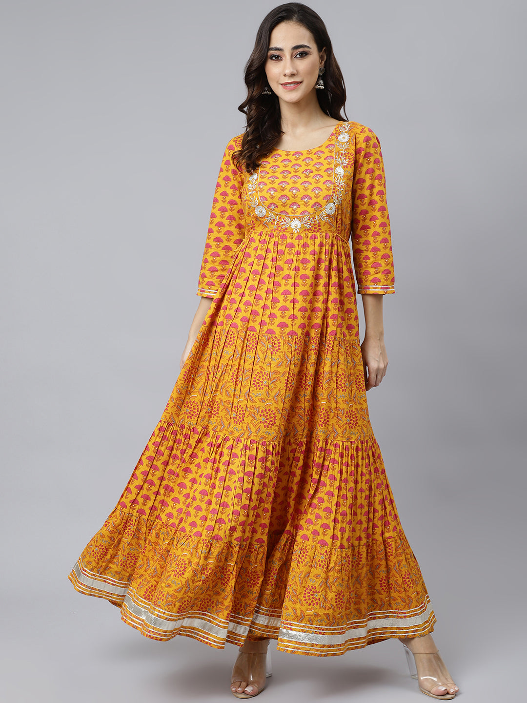 Mustard Cotton Floral Print Flared Kurta