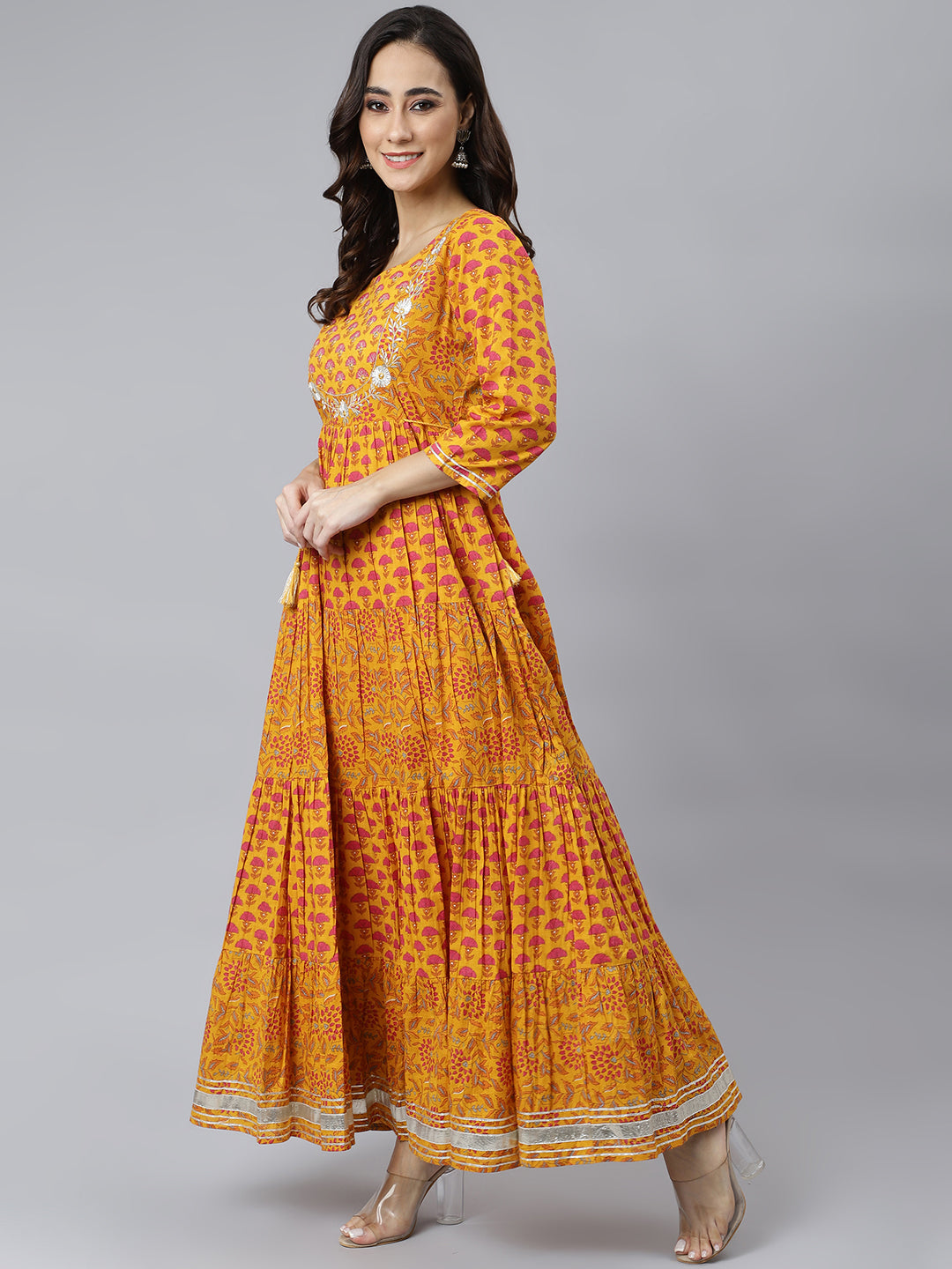 Mustard Cotton Floral Print Flared Kurta