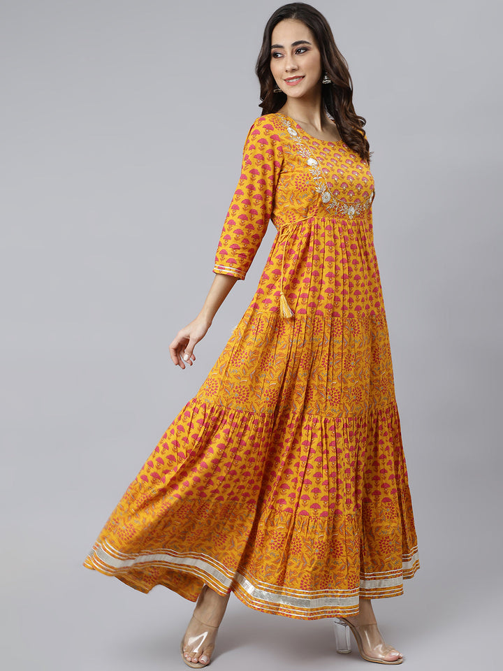 Mustard Cotton Floral Print Flared Kurta