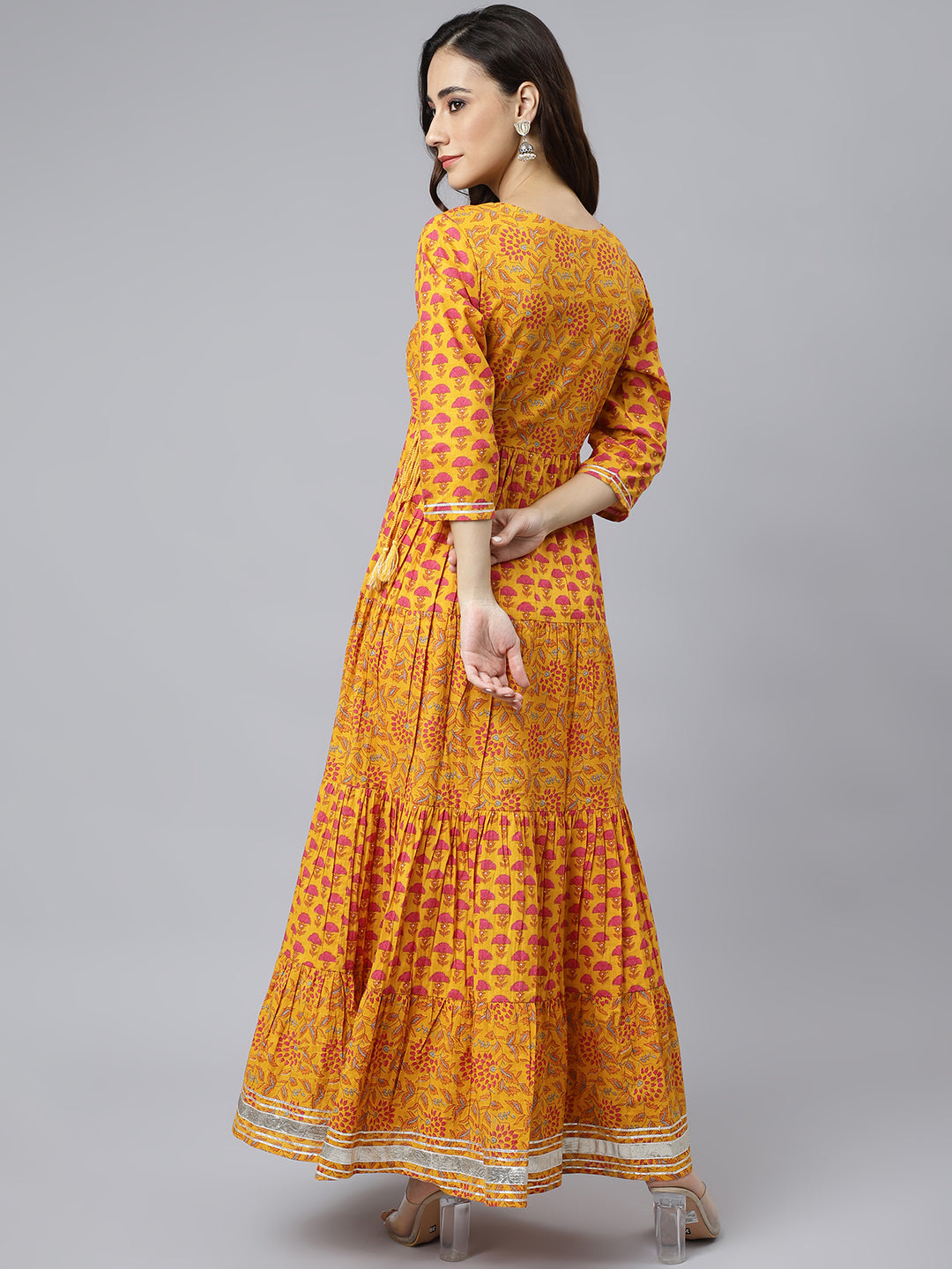 Mustard Cotton Floral Print Flared Kurta