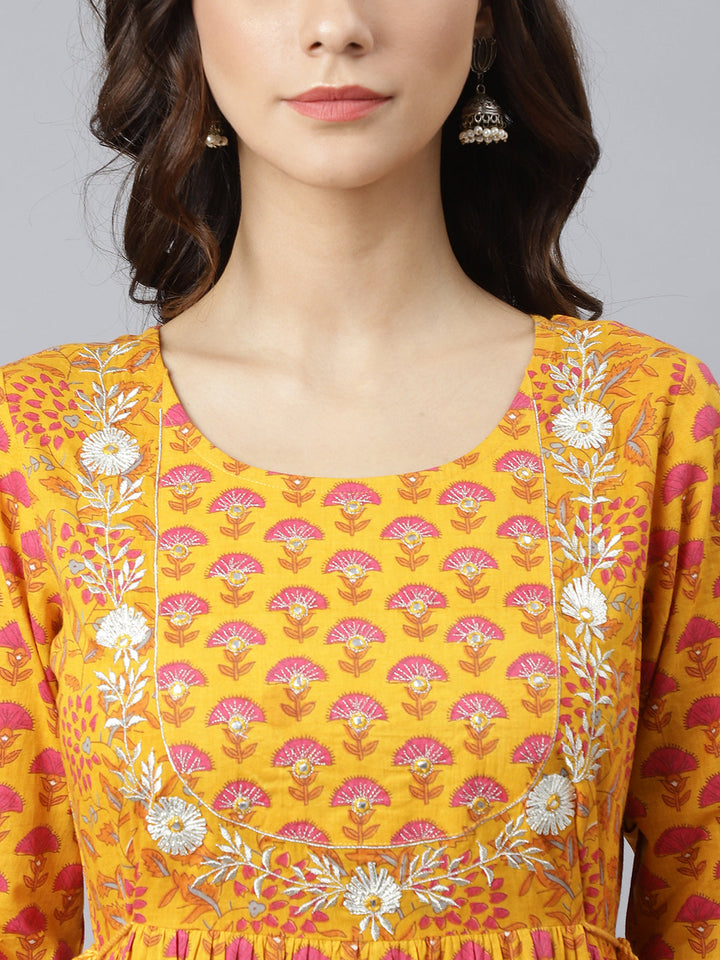 Mustard Cotton Floral Print Flared Kurta