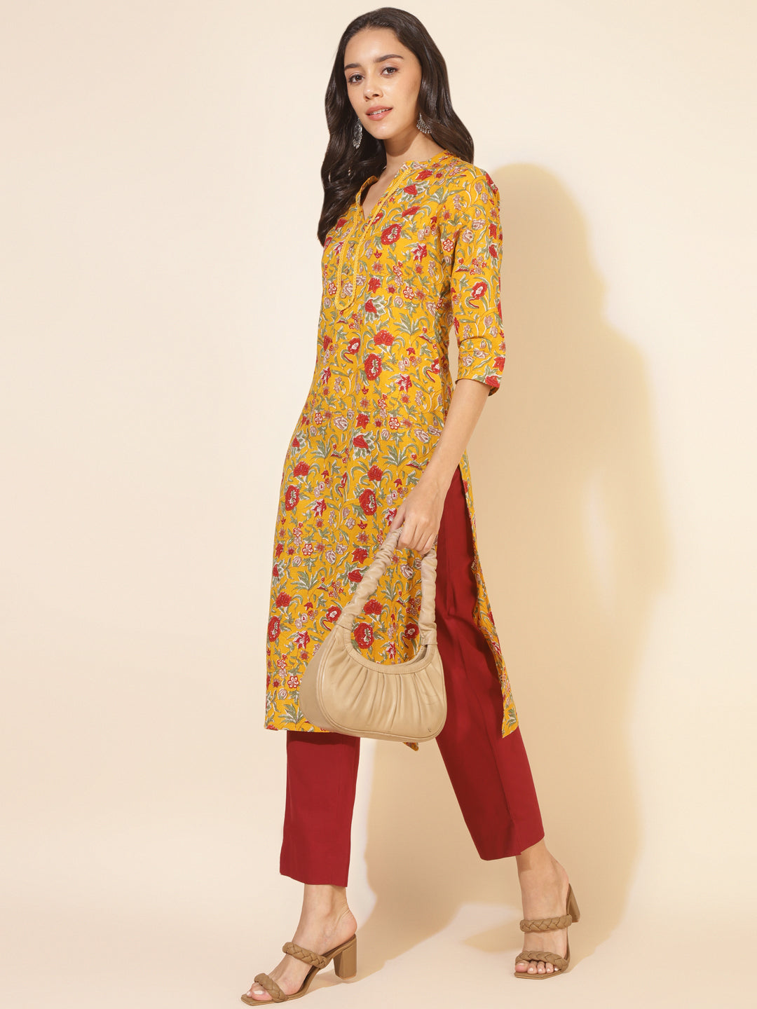 Mustard-Cotton-Floral-Printed-Kurta-Only