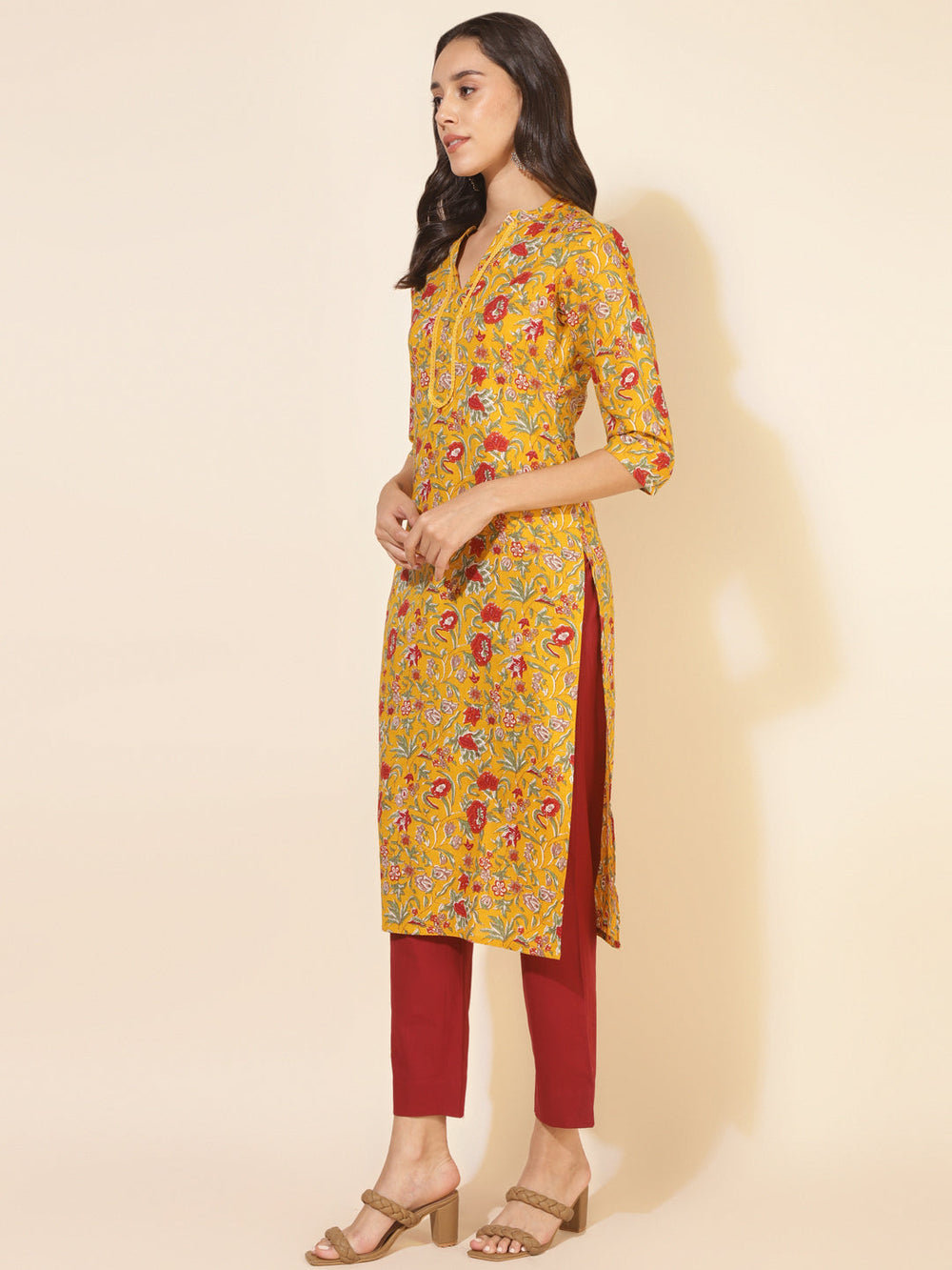 Mustard-Cotton-Floral-Printed-Kurta-Only