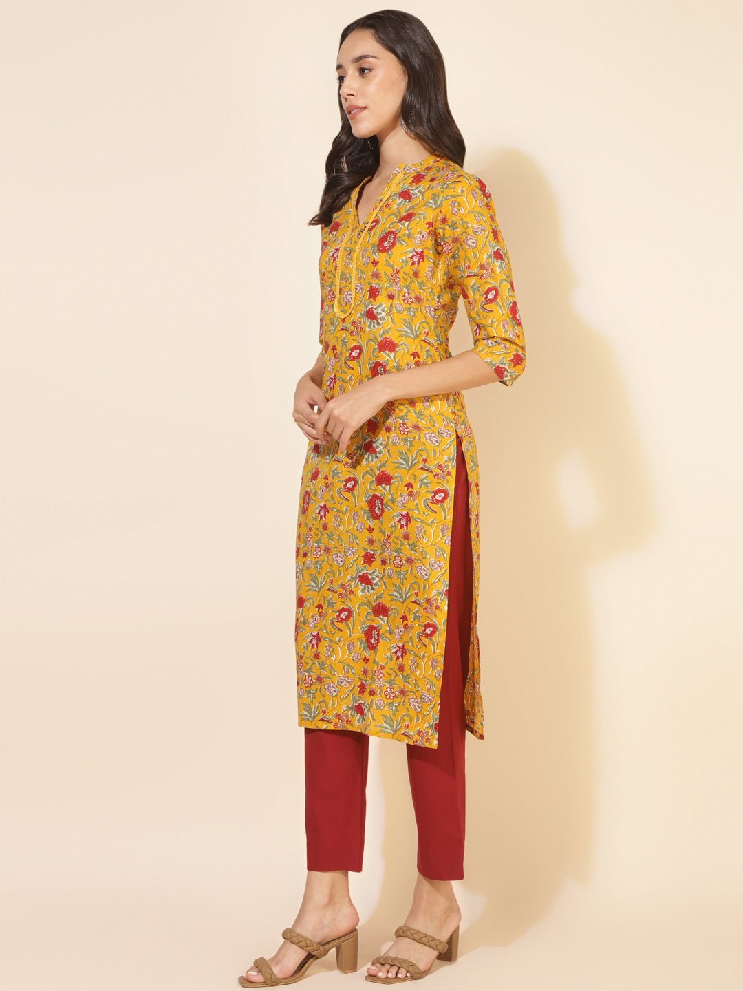 Mustard-Cotton-Floral-Printed-Kurta-Only