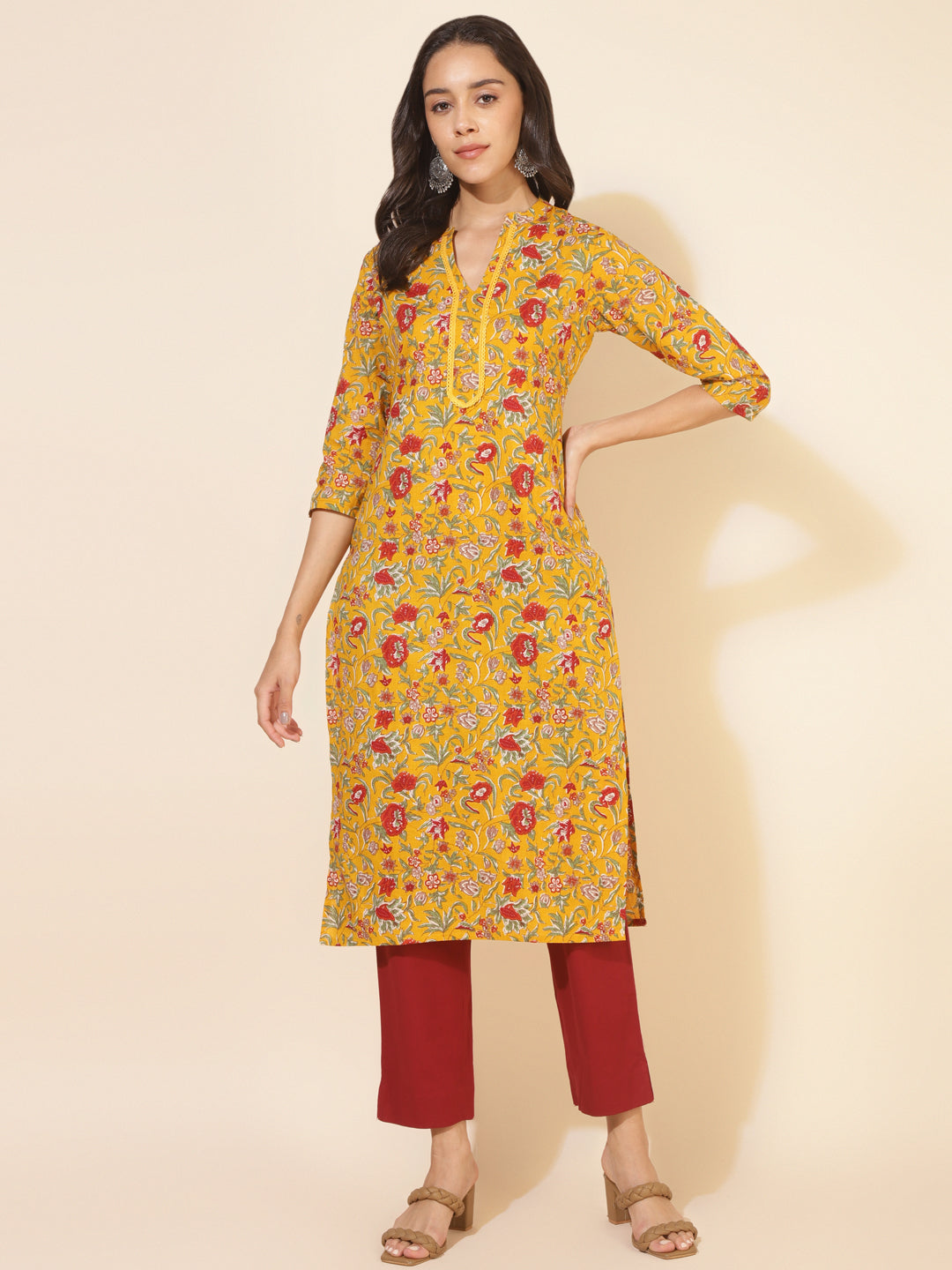 Mustard-Cotton-Floral-Printed-Kurta-Only