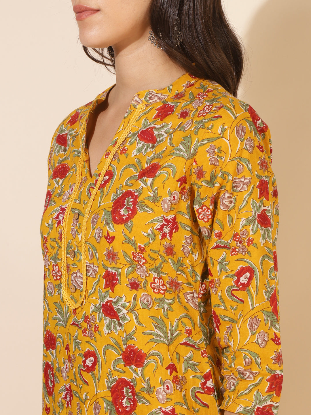 Mustard-Cotton-Floral-Printed-Kurta-Only