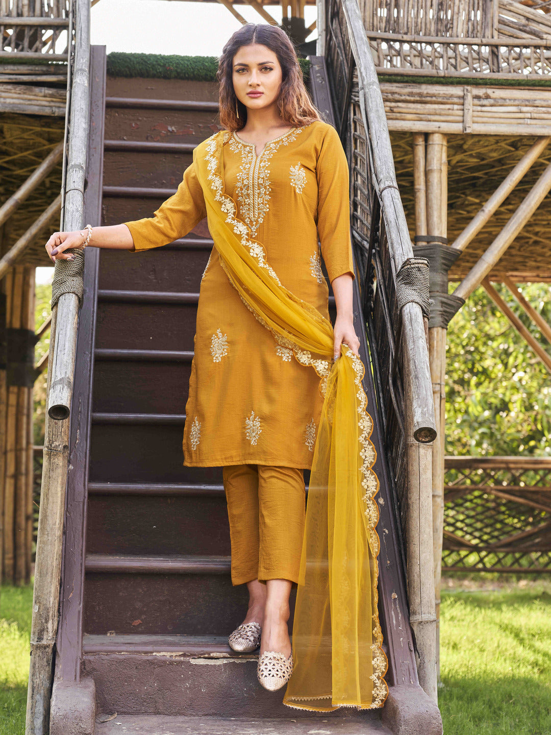 Mustard-Crepe-Embroidered-Kurta-With-Net-Dupatta