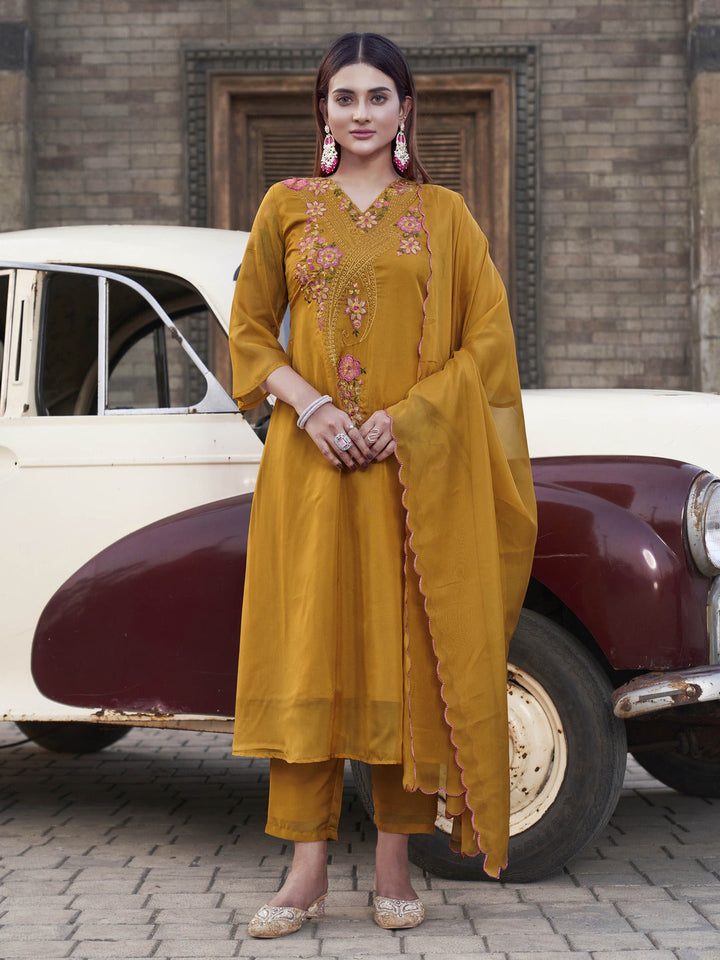 Mustard-Organza-Embroidered-V-Neck-A-Line-3-Piece-Kurta-Set