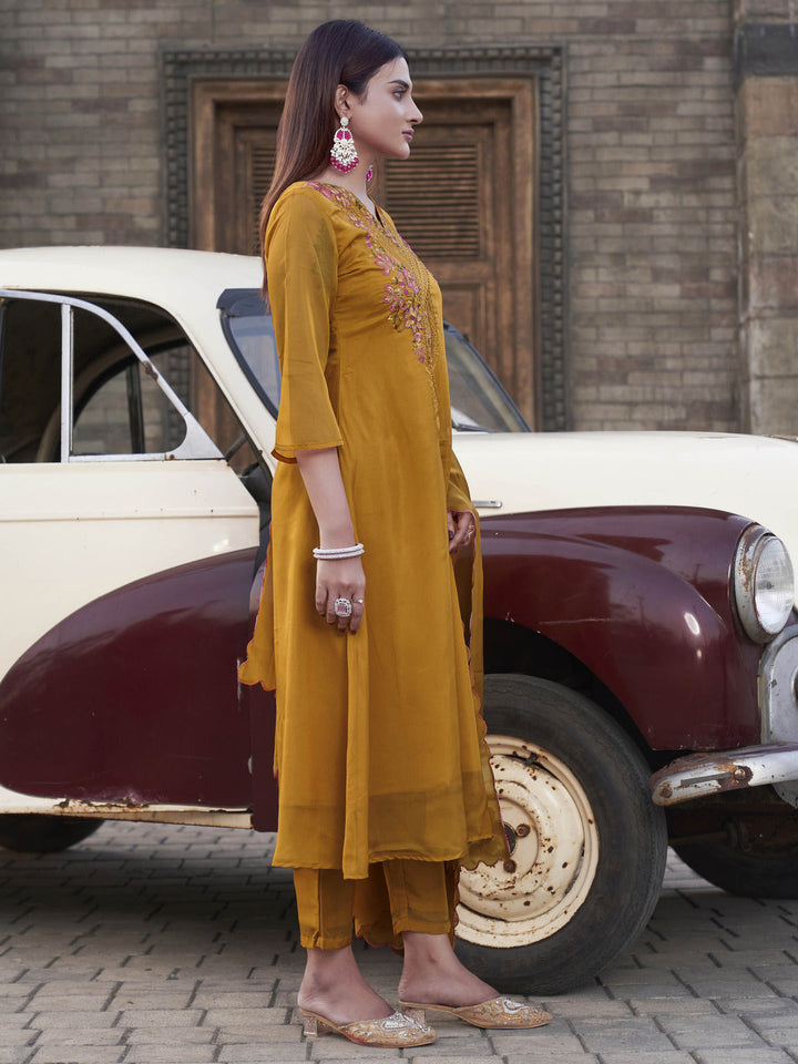 Mustard-Organza-Embroidered-V-Neck-A-Line-3-Piece-Kurta-Set