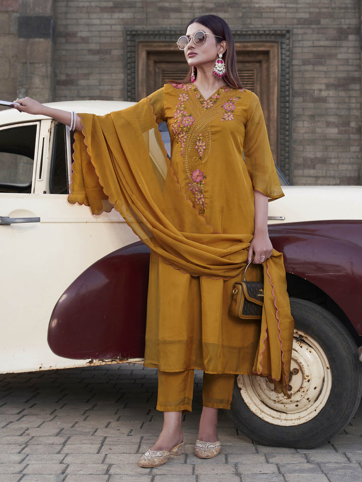 Mustard-Organza-Embroidered-V-Neck-A-Line-3-Piece-Kurta-Set