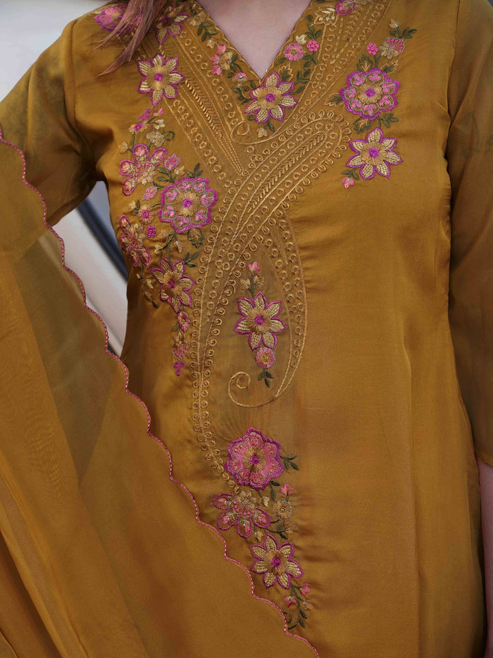 Mustard-Organza-Embroidered-V-Neck-A-Line-3-Piece-Kurta-Set