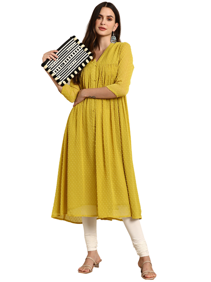Mustard Poly Chiffon Self-Design Front Slit Kurta