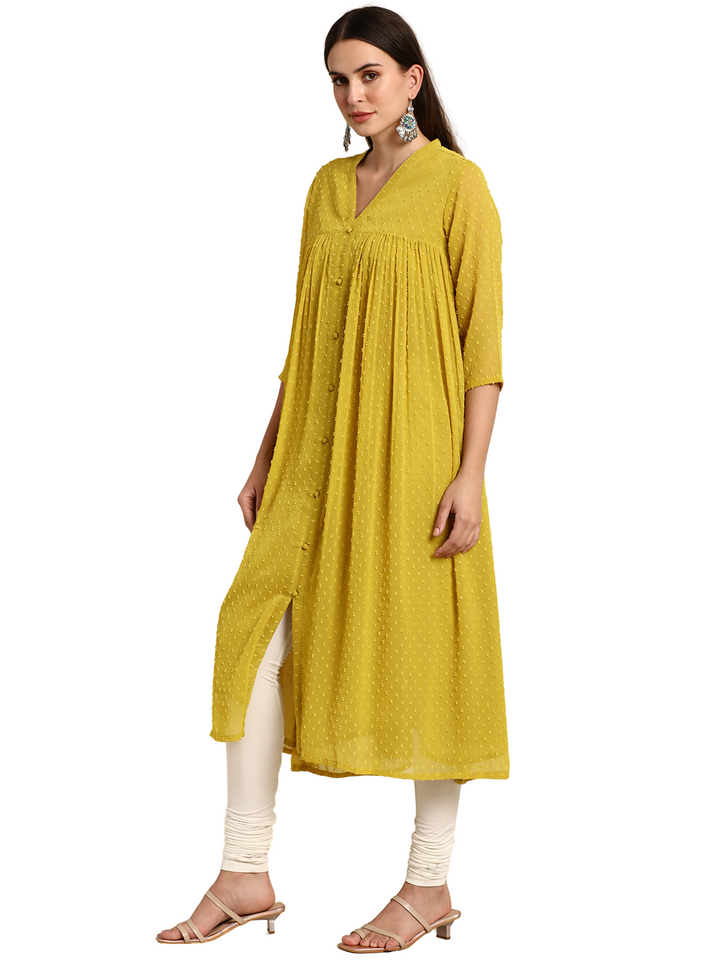 Mustard Poly Chiffon Self-Design Front Slit Kurta