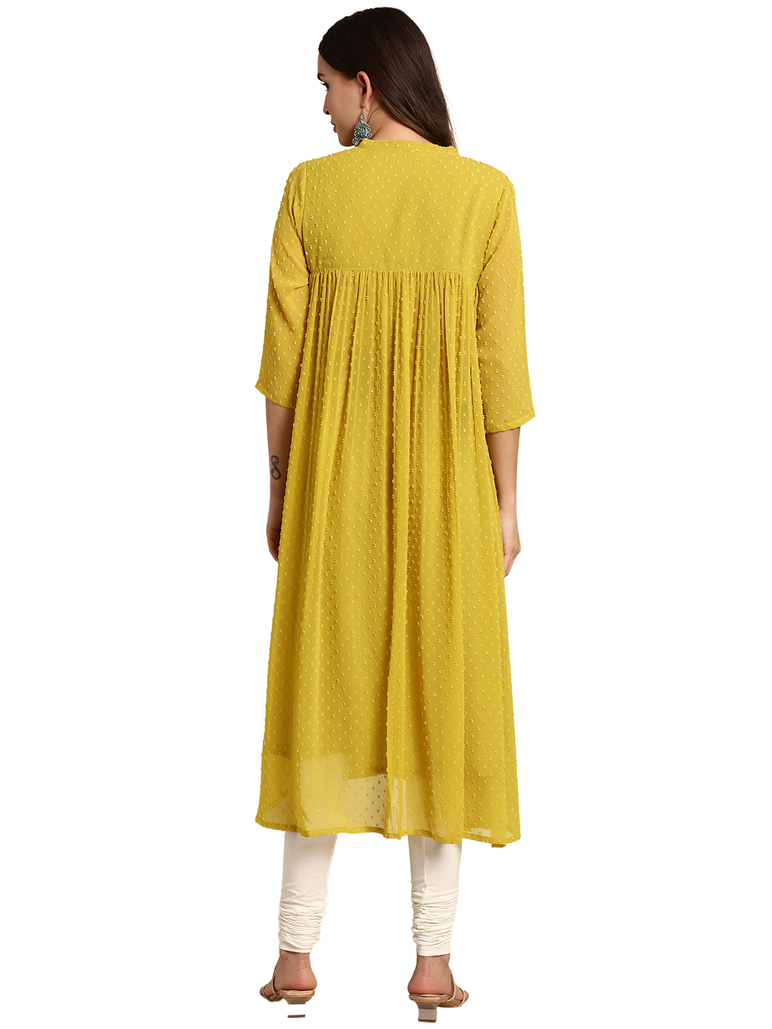 Mustard Poly Chiffon Self-Design Front Slit Kurta