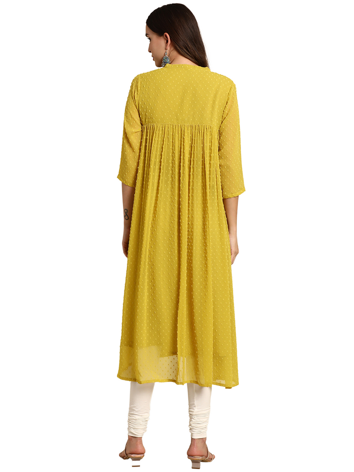 Mustard Poly Chiffon Self-Design Front Slit Kurta
