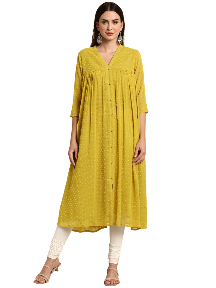 Mustard Poly Chiffon Self-Design Front Slit Kurta