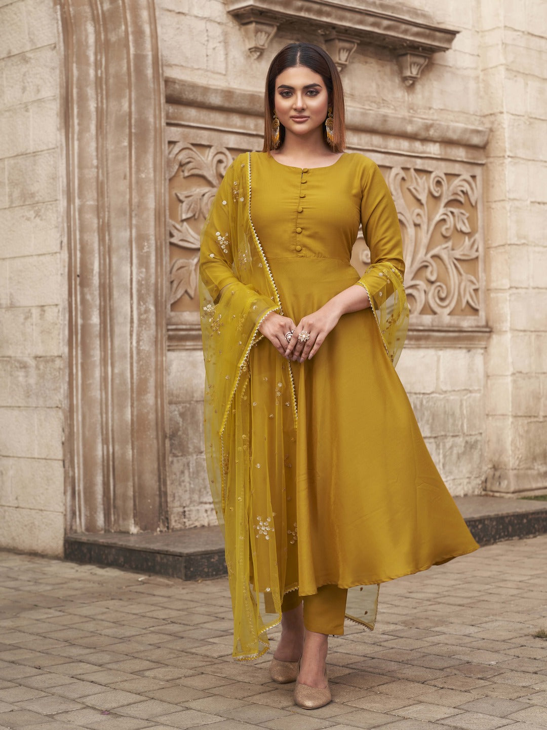 Mustard-Poly-Crepe-Solid-Anarkali-3-Piece-Kurta-Set