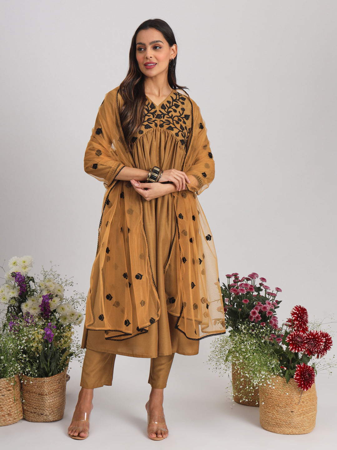 Mustard-Poly-Silk-Embroidered-Alia-Cut-Flared-Kurta-Set