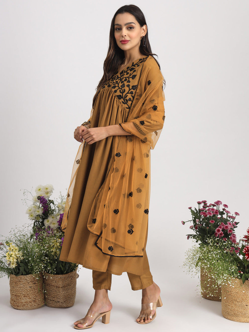 Mustard-Poly-Silk-Embroidered-Alia-Cut-Flared-Kurta-Set