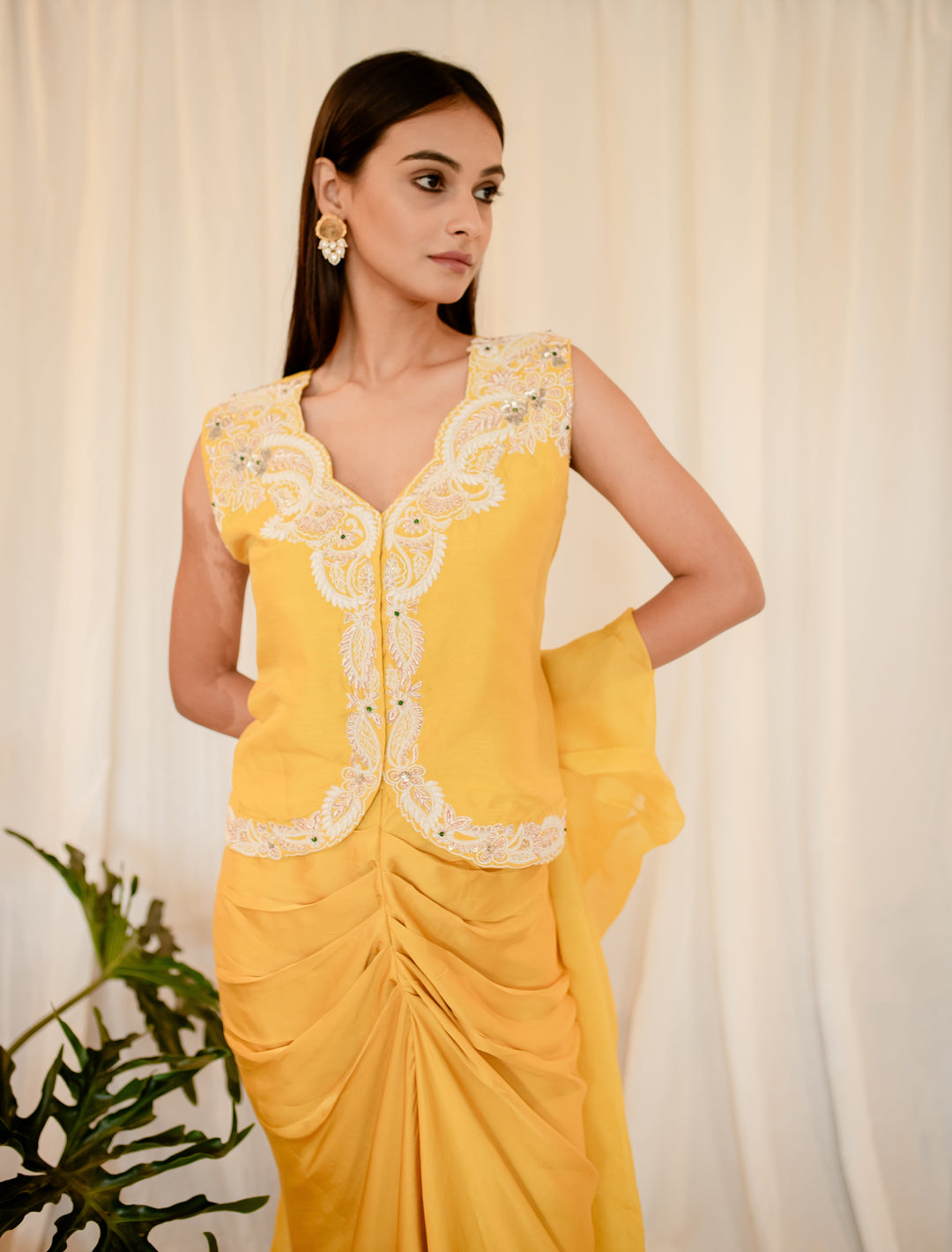 Mustard-Yellow-Silk-Zardozi-&-Pearl-Work-Satin-3-Piece-Skirt-Set