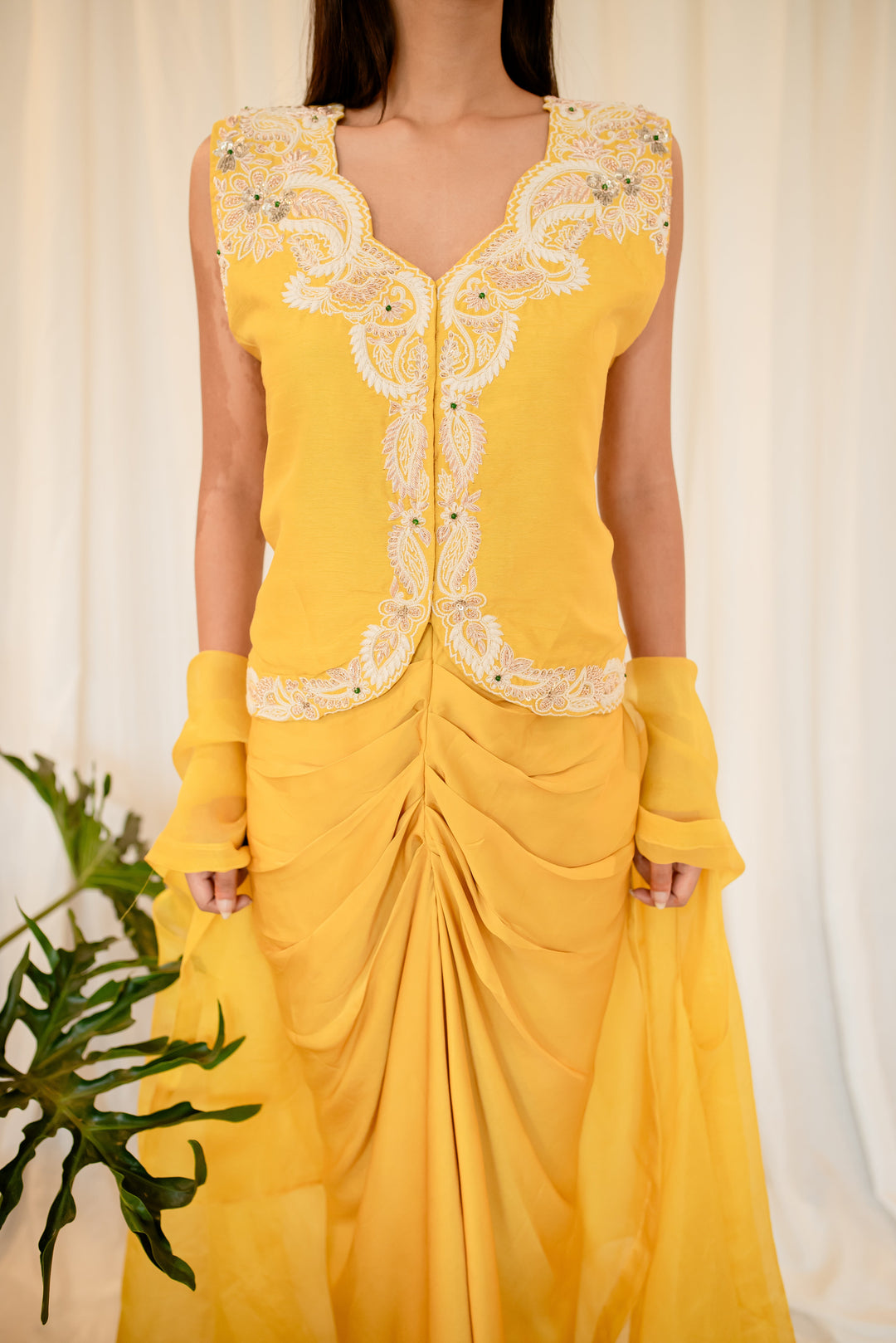 Mustard-Yellow-Silk-Zardozi-&-Pearl-Work-Satin-3-Piece-Skirt-Set