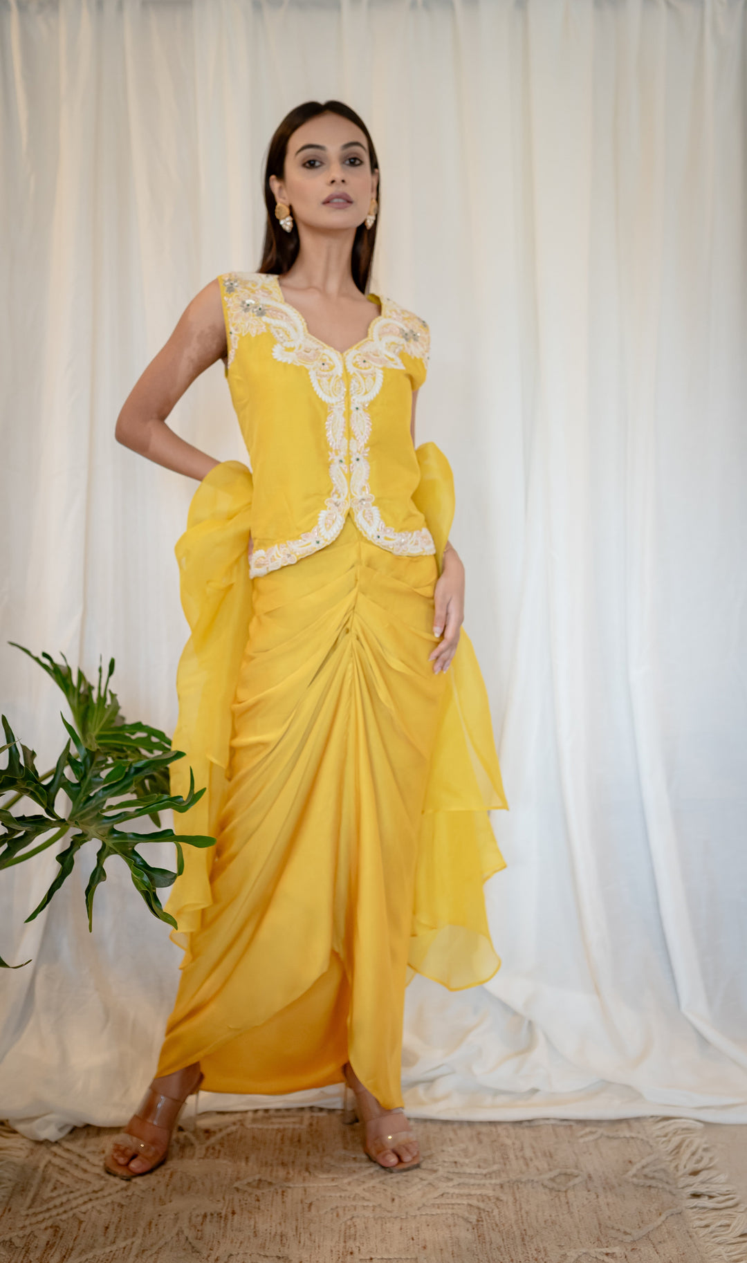 Mustard-Yellow-Silk-Zardozi-&-Pearl-Work-Satin-3-Piece-Skirt-Set