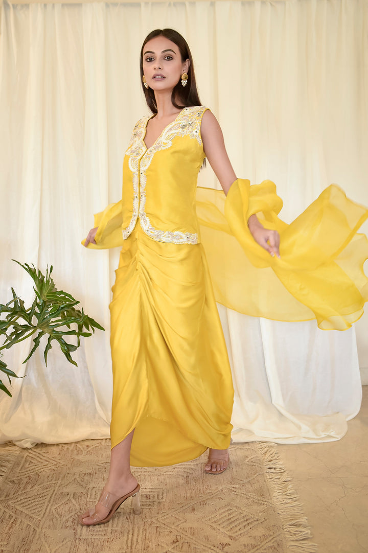Mustard-Yellow-Silk-Zardozi-&-Pearl-Work-Satin-3-Piece-Skirt-Set