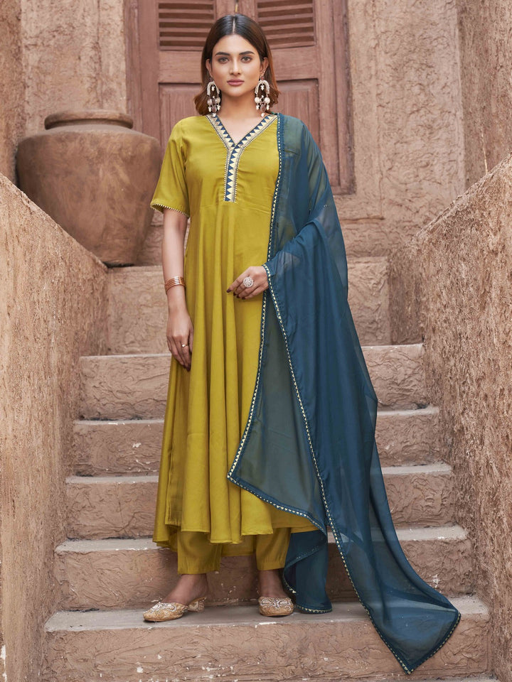 Musturd-&-Blue-Silk-Blend-Flared-3-Piece-Kurta-Set