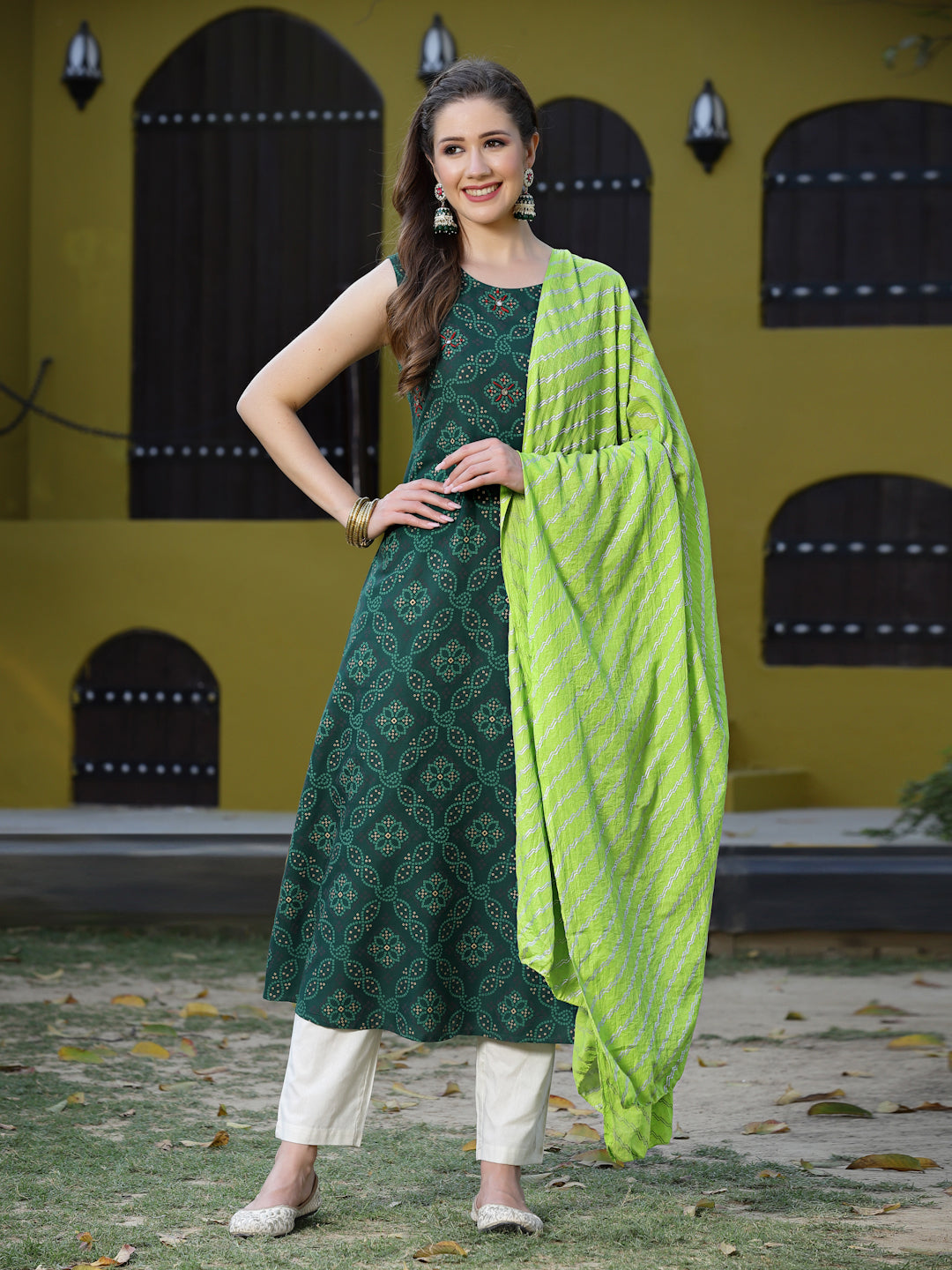Dark-Green-Floral-Printed-Flared-Kurta-&-Dupatta-Only