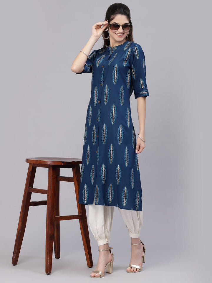 Teal-Blue-Rayon-Block-Printed-A-Line-Kurta-Only